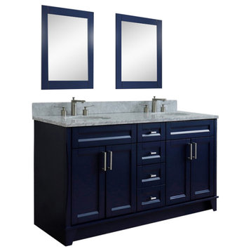 61" Double Sink Vanity, Blue Finish And White Carrara Marble And Oval Sink