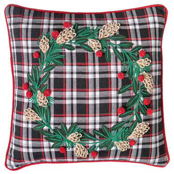 Black Plaid Wreath Embroidered Pillow