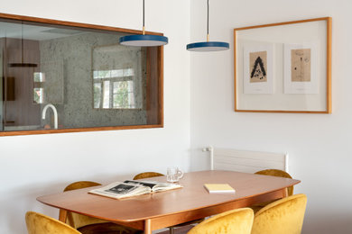 Ejemplo de comedor contemporáneo con paredes blancas, suelo de madera en tonos medios y suelo marrón