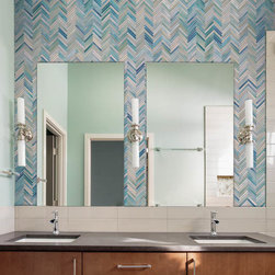 Herringbone in Aquamarine and White Art Glass - Mosaic Tile