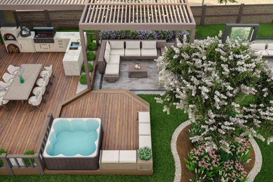 This is an example of a mid-sized modern backyard wood fence formal garden in Other with a pergola and decking for summer.