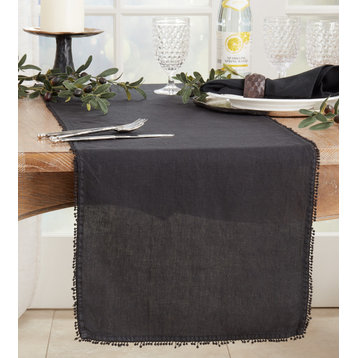 Pompom Design Linen Dining Room Table Runner, Black