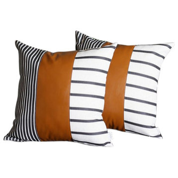 Set Of 2 Monochromic Stripe Ends And Brown Faux Leather Lumbar Pillow Covers