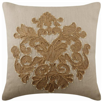 Decorative 16"x16" Jute Embroidery Pearl Beige Linen Pillow Cover, Jutty Damask