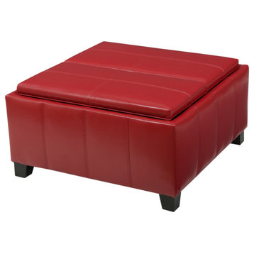 GDF Studio Justin Brown Leather Tray Top Storage Ottoman, Red