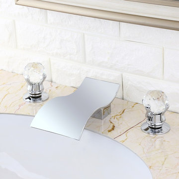 Modern Deck Mount Widespread Waterfall 2 Crystal Handle Bathroom Sink Faucet