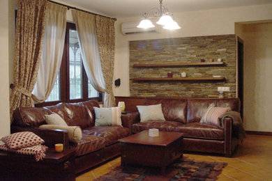 Small tuscan open concept terra-cotta tile living room photo in Other with beige walls, a ribbon fireplace, a stone fireplace and a tv stand