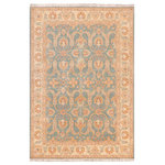 Bareens Designer Rugs - Classic Ziegler Zelma Green Beige Hand-Knotted Wool Rug - 5'2'' x 6'8'' - Enhance the ambiance of your home with this magnificent Persian-influenced Turkish hand-knotted rug made by skilled artisans capable of creating the most exceptional vegetable dyes and hand-spun wool. This exquisite handmade rug is a one-of-a-kind Peshawar Kafkaz, otherwise identified as Chobi, Chobi Peshawar, Oushak, or Ziegler rug. These handmade rugs are crafted in Pakistan utilizing superior-quality wool imported from Australia, New Zealand, and Korea in two types of weaves: the Persian weave and the Mori weave. This rug is meticulously crafted by hand using the finest natural vegetable dyes extracted from local plants. The artisans use a blend of hand-spun local and fine merino wool, resulting in a rug with a compelling texture, higher lanolin content, and longer staple. The artisans occasionally incorporate natural or artificial silk into the pile to enhance specific motifs. The finished product is an awe-inspiring execution of flawless design and an understated palette that exudes elegance.