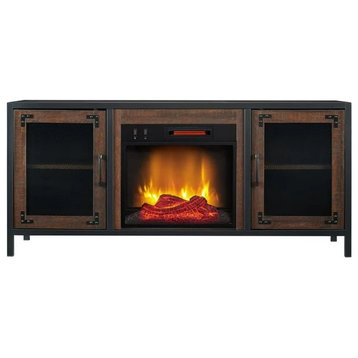 Industrial TV Stand, Mesh Metal Doors & Fireplace With LED Flame Effects, Brown