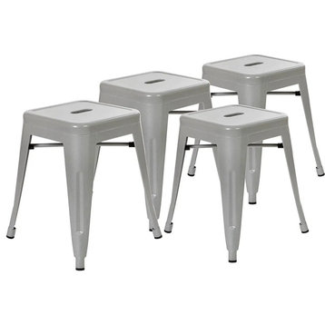 4 Pack Patio Dining Stool Chair, Backless Design With Square Metal Seat, Silver