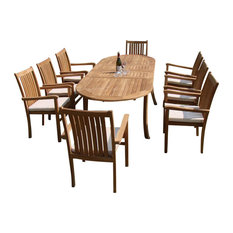 7-Piece Outdoor Teak Dining Set, 94" Oval Table, 6 Cahyo Stacking Arm Chairs