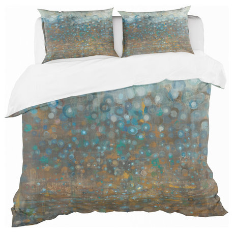 Blue and Bronze Dots Geometric Duvet Cover Set, Twin