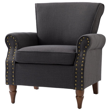 32.5" Wooden Upholstered Accent Chair With Arms, Charcoal