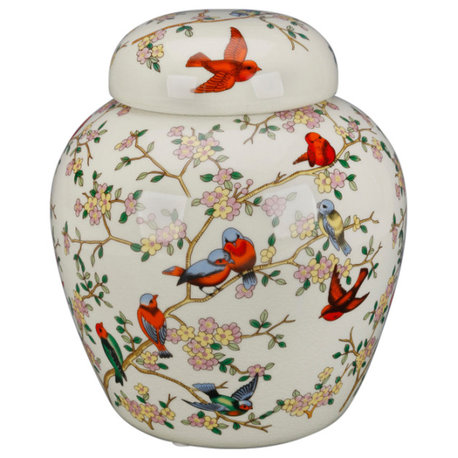 10" Jar With Lid, Bird and Floral Design