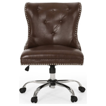 Kase Contemporary Tufted Swivel Office Chair, Dark Brown/Chrome