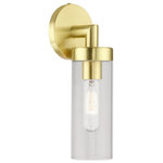 Livex Lighting - Ludlow 1 Light Satin Brass ADA Single Sconce - Add a dash of character and radiance to your home with this wall sconce. This single-light fixture from the Ludlow Collection features a satin brass finish with a clear glass. The clean lines of the back plate complement the cylindrical glass shade creating a minimal, sleek, urban look that works well in most decors. This fixture adds upscale charm and contemporary aesthetics to your home.