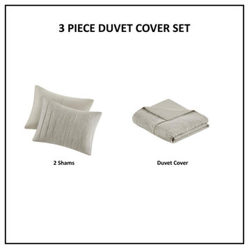 3 Piece Striated Cationic Dyed Oversized Duvet Cover Set with Pleats...