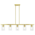 Livex Lighting - Clarion 5 Light Satin Brass Linear Chandelier - The Clarion transitional five light linear chandelier will bring posh sophistication to your decor. The angular frame and clear cylinder glass give this satin brass finish a sleek, contemporary look.