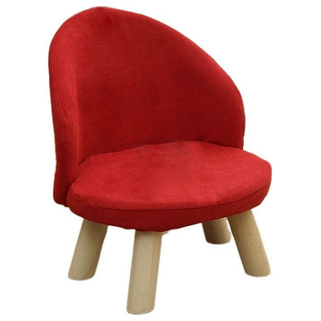 Round Low Stool For Living Room Made of Solid Wood Cotton And Linen, Red, H17.3"