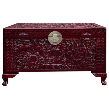 Oriental Chinese Burgundy Phoenix Dragon Carving Camphor Trunk Table Hcs7528