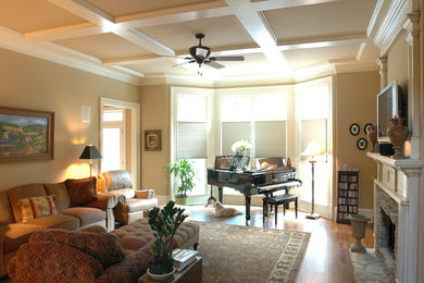 Mid-sized elegant formal and open concept vinyl floor living room photo in Atlanta with beige walls, a standard fireplace, a stone fireplace and a tv stand