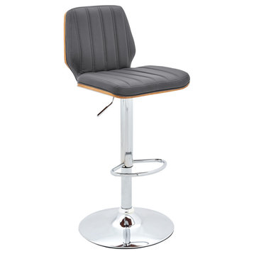 Sabine Adjustable Swivel Faux Leather and Black Metal Bar Stool, Walnut and Gray