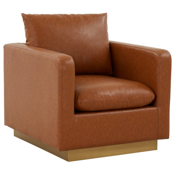 LeisureMod Nervo Modern Leather Accent Arm Chair With Gold Base, Cognac Tan