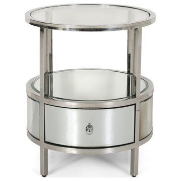 Cytheria Round End Table With Tempered Glass Drawers and Stainless Steel Frame