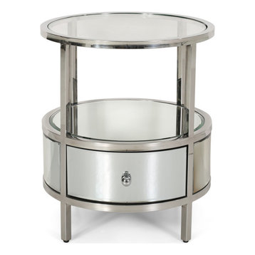 Cytheria Round End Table With Tempered Glass Drawers and Stainless Steel Frame