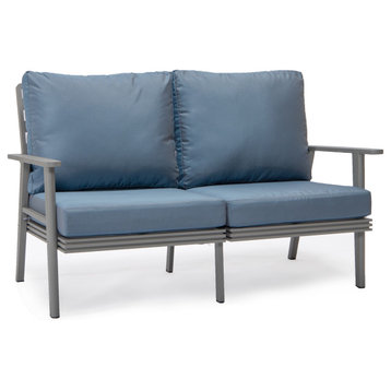 Leisuremod Walbrooke Patio Loveseat With Gray Aluminum Frame, Navy Blue