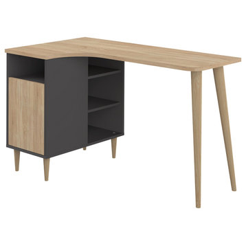 Modern Wood Small Home Desk With Shelving, Black and Oak