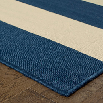 Rhodes Indoor and Outdoor Striped Blue and Ivory Rug, 5'3"x7'6"