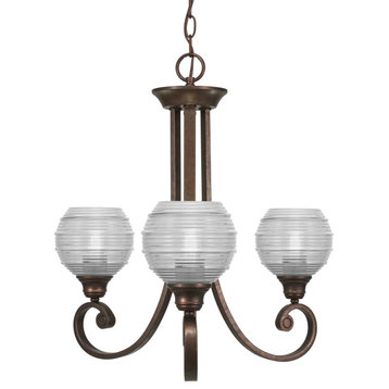 Curl Uplight, 3 Light, Chandelier Bronze Finish With 6" Clear Ribbed Glass