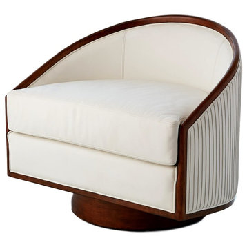 Mid Century Modern White Leather Swivel Tub Chair, Round Dark Wood Living Room