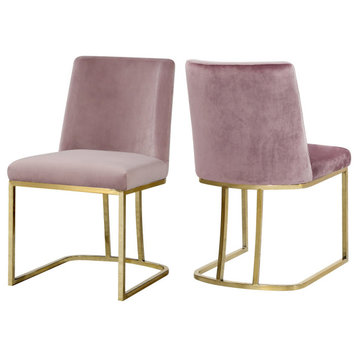 Set of 2 Dining Chair, Golden Open Base With Velvet Seat & Curved Back, Pink