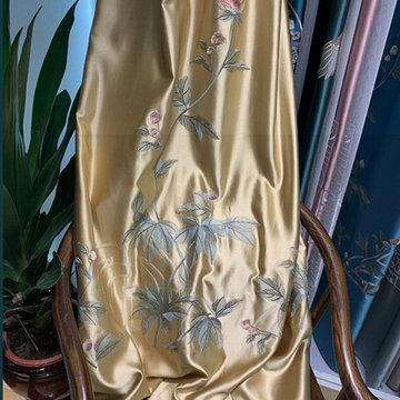 QYHL226H Silver Beach Embroidered Peony Faux Silk Blockout Curtains For Living R