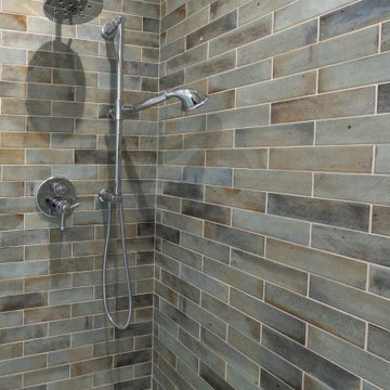 Primary Bathroom Remodel with Herringbone Flooring + Custom Shower