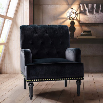 Upholstered Accent Armchair With Nailhead Trim, Black