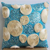 Blue Art Silk 16x16 Ribbon Ivory Rose Flower & Sequins Pillows Cover, Eternity