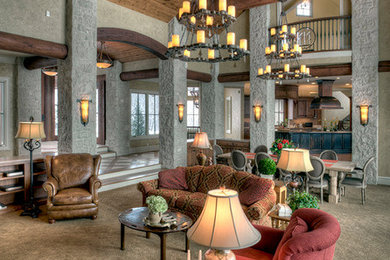 Inspiration for a huge timeless open concept carpeted family room remodel in Kansas City with gray walls