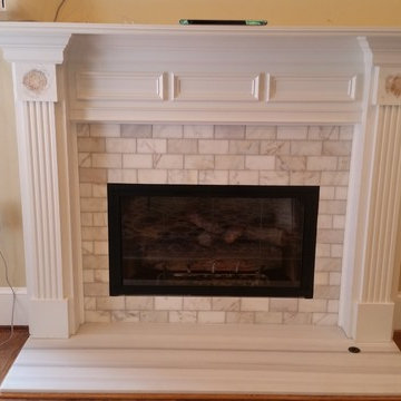 White subway tile fireplace make over