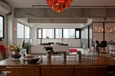 Example of a huge mountain style loft-style porcelain tile living room design in Hong Kong