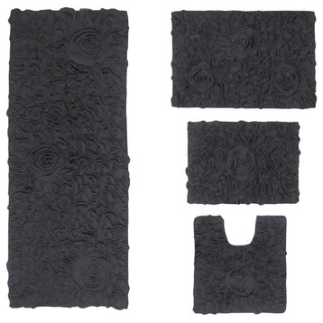 Bell Flower Collection Tufted Bath Rug, 4-Piece Set With Contour, Gray