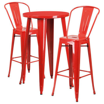 24" Round Red Metal Indoor-Outdoor Bar Table Set With 2 Cafe Barstools