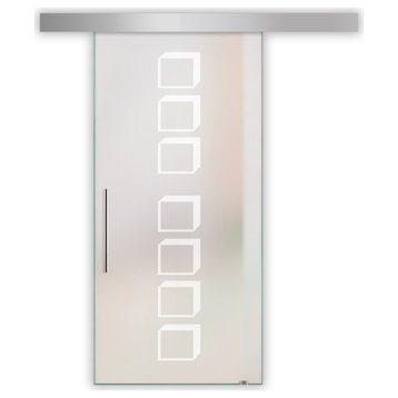 Sliding Glass Barn Door  With Geometric  Frosted Design ALU100, 32"x81", T-Handle Bars