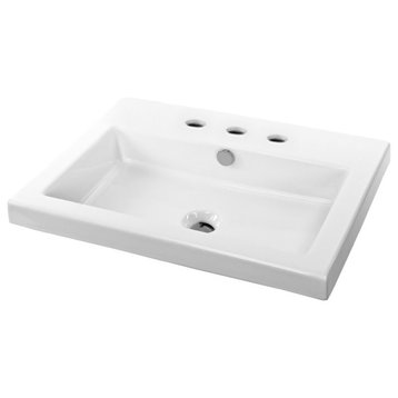 Rectangular Wall Mounted, or Built-In Ceramic Sink, Three Holes