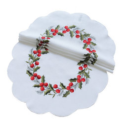 Xia Home Fashions - Holly Berry Embroidered Hemstitch Christmas Doilies, Set of 4 - Placemats