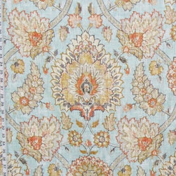 Blue Craftsman rug fabric Persian Arts and Crafts linen pastel orange - Drapery Fabric