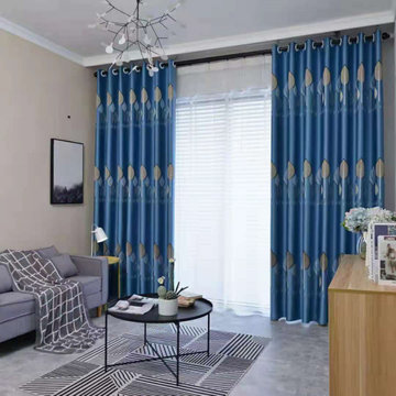 QYFL1121B Barwon European Leaves Blue Grey Jacquard Custom Made Curtains For Liv