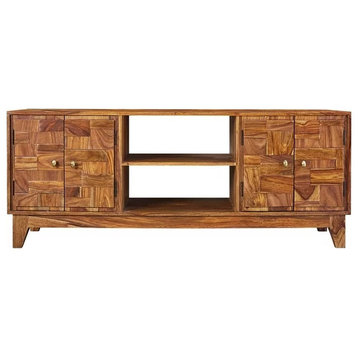 Rustic TV Stand, Sheesham Wood Construction With Unique Patterned Doors, Natural
